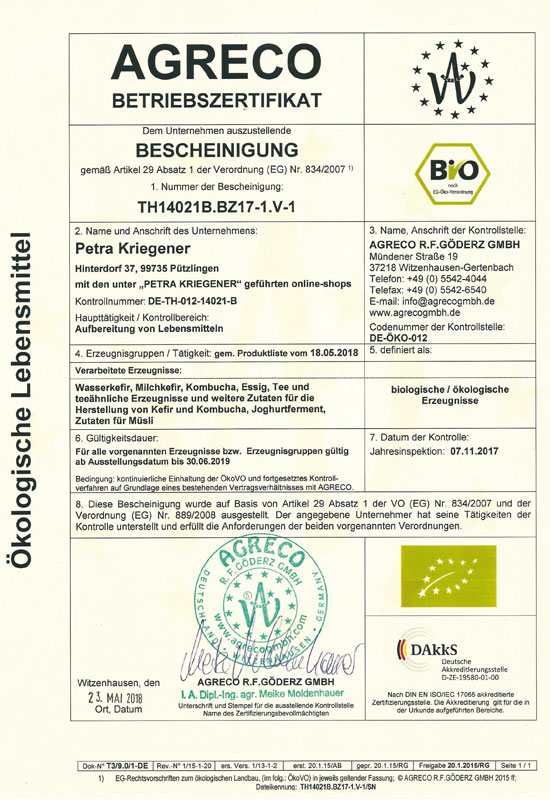 Hier finden Sie eine Übersicht über alle unsere zertifizierten und regelmäßig kontrollierten Bio Kulturen: Bio Kefir, Bio Wasserkefir, Bio Kombucha und Bio Ginger Root Drink - 2019