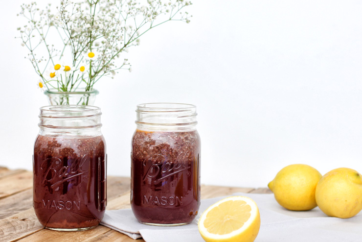 Chia seed kombucha drink with acai und maca root- the power drink of the old incas
