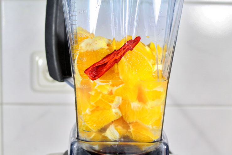 Hot Orange Kefir Drink with Chili and Oranges - a tasty and spicy recipe for hot food lovers - Ingredients in Mixer