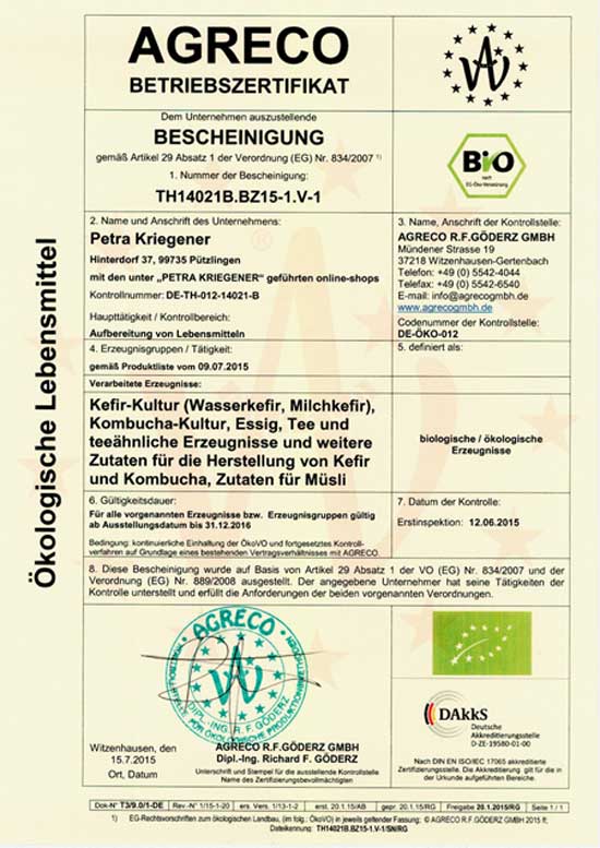 Hier finden Sie eine Übersicht über alle unsere zertifizierten und regelmäßig kontrollierten Bio Kulturen: Bio Kefir, Bio Wasserkefir, Bio Kombucha und Bio Ginger Root Drink.