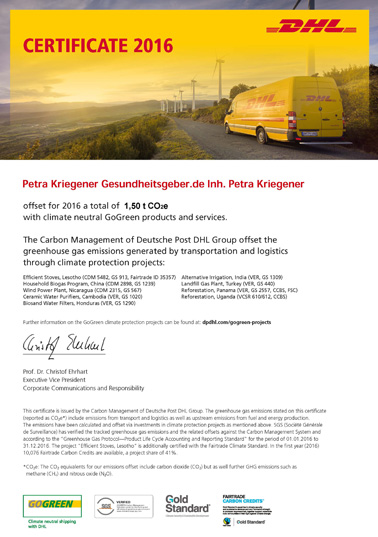 DHL GoGreen Certificate for Natural-Kefir-Drinks.de - 2016